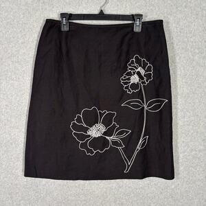 Le Suit Collections Skirt 14P Black Linen‎ Floral Embroidered Knee Career Church